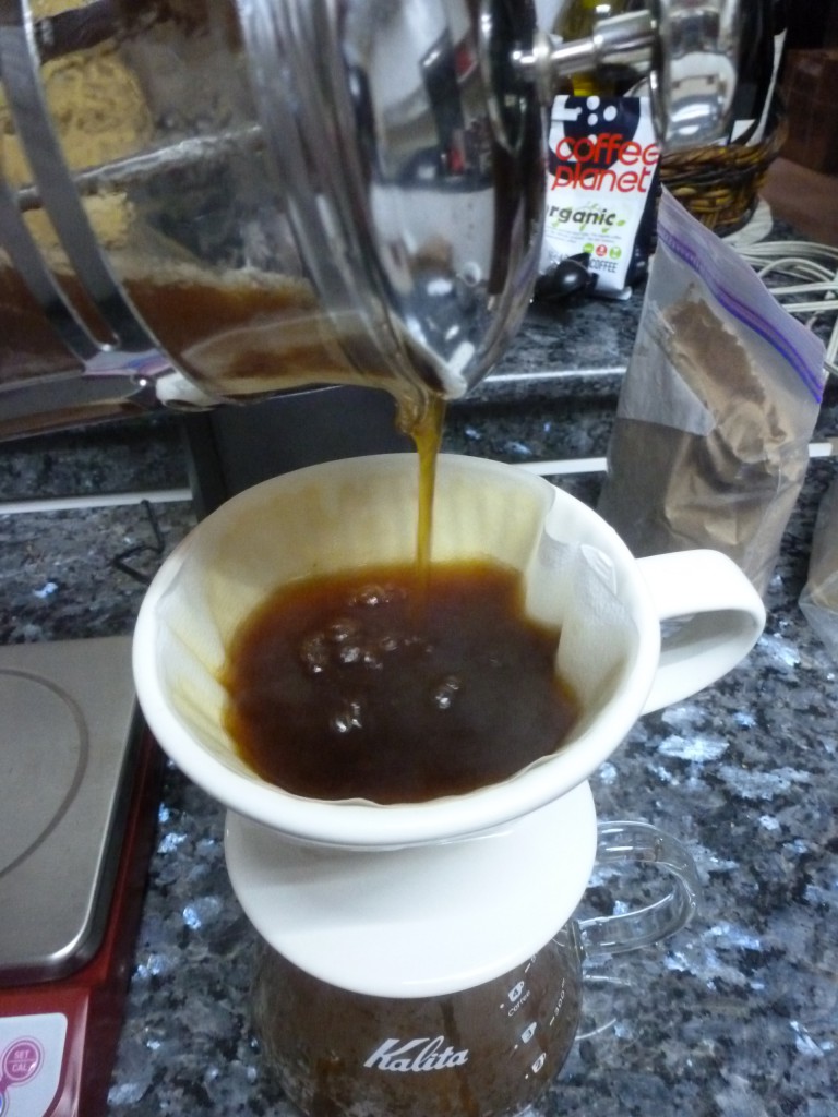 Pouring French Press over Pour Over Brewer